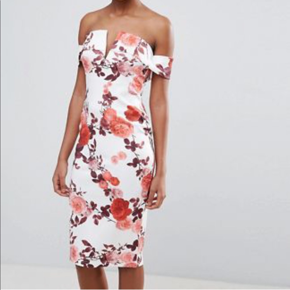 Flower rose off the shoulder midi dress